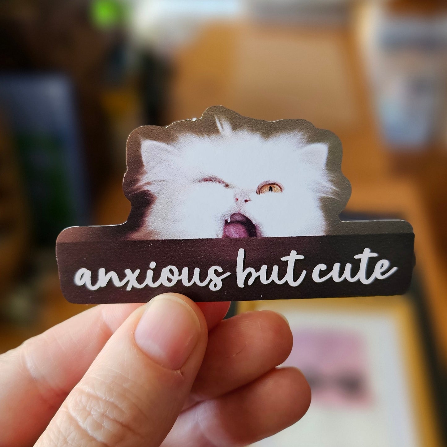 Anxious But Cute Cat 3" Funny Sticker