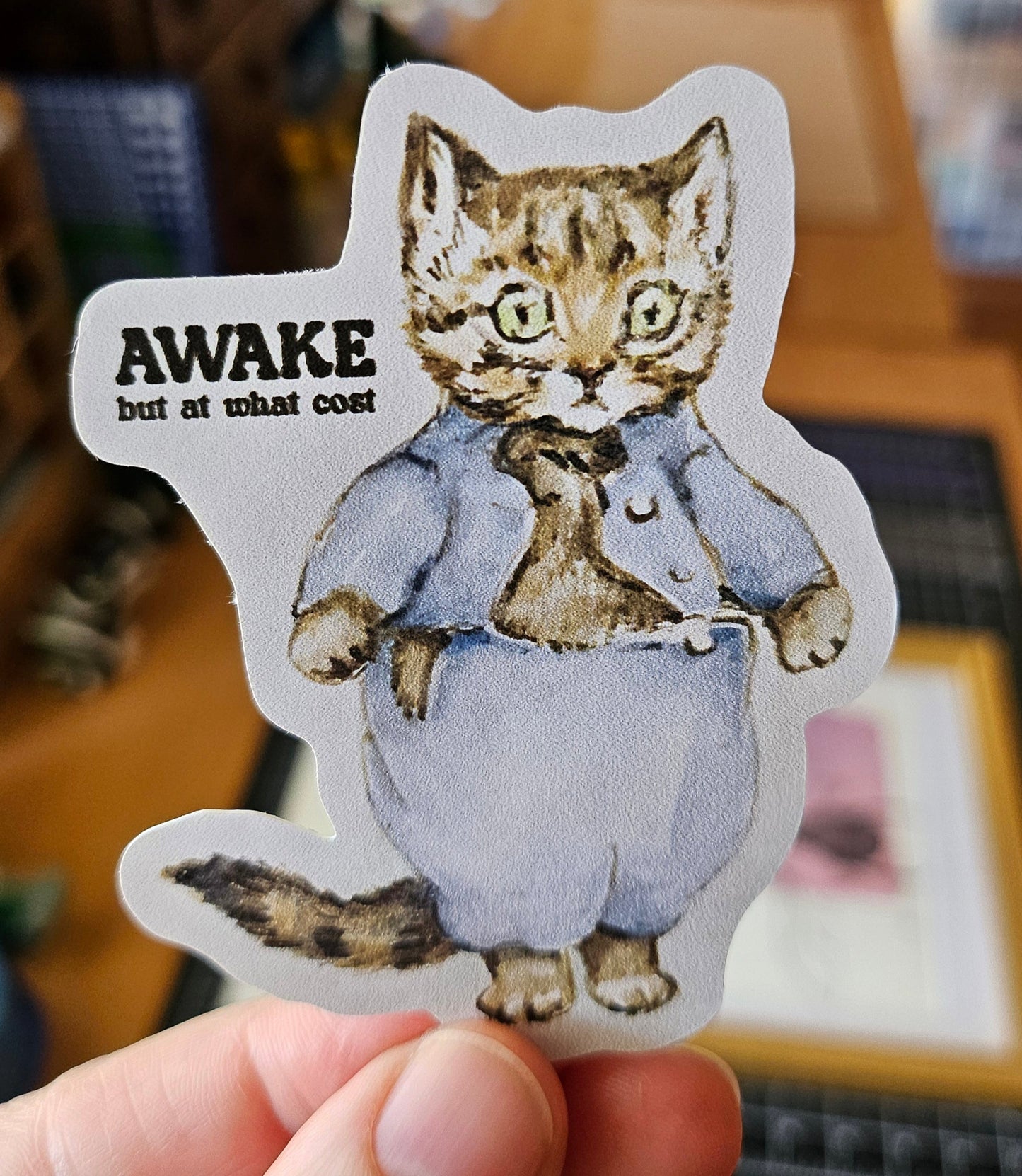 Awake But At What Cost Cat 3" Funny Sticker